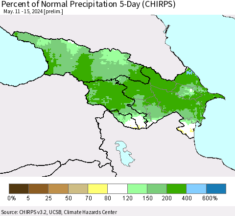 Azerbaijan, Armenia and Georgia Percent of Normal Precipitation 5-Day (CHIRPS) Thematic Map For 5/11/2024 - 5/15/2024