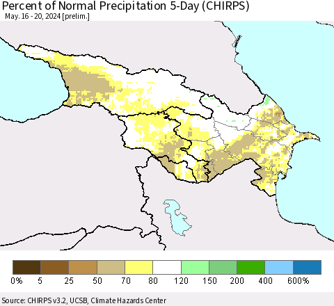 Azerbaijan, Armenia and Georgia Percent of Normal Precipitation 5-Day (CHIRPS) Thematic Map For 5/16/2024 - 5/20/2024