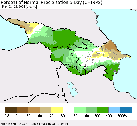 Azerbaijan, Armenia and Georgia Percent of Normal Precipitation 5-Day (CHIRPS) Thematic Map For 5/21/2024 - 5/25/2024