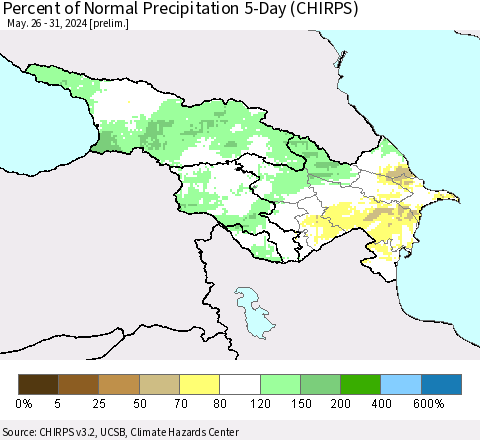Azerbaijan, Armenia and Georgia Percent of Normal Precipitation 5-Day (CHIRPS) Thematic Map For 5/26/2024 - 5/31/2024