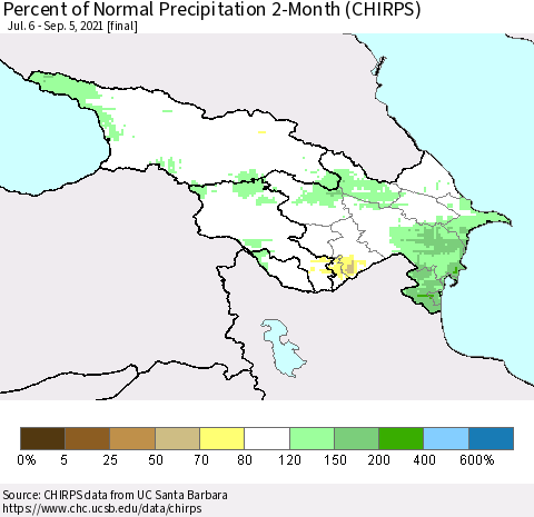 Azerbaijan, Armenia and Georgia Percent of Normal Precipitation 2-Month (CHIRPS) Thematic Map For 7/6/2021 - 9/5/2021