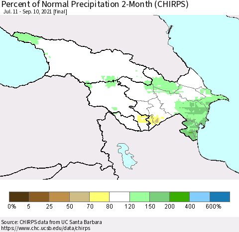Azerbaijan, Armenia and Georgia Percent of Normal Precipitation 2-Month (CHIRPS) Thematic Map For 7/11/2021 - 9/10/2021