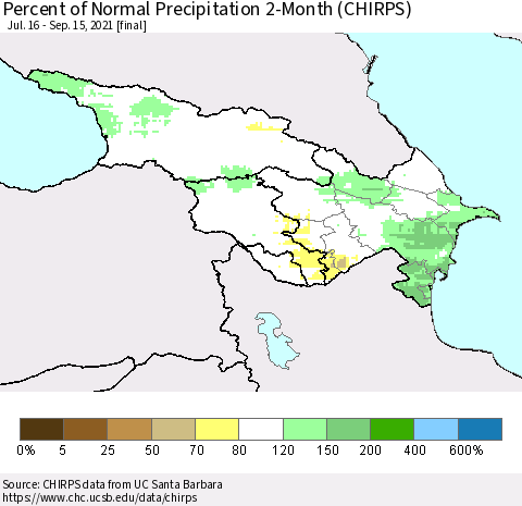 Azerbaijan, Armenia and Georgia Percent of Normal Precipitation 2-Month (CHIRPS) Thematic Map For 7/16/2021 - 9/15/2021