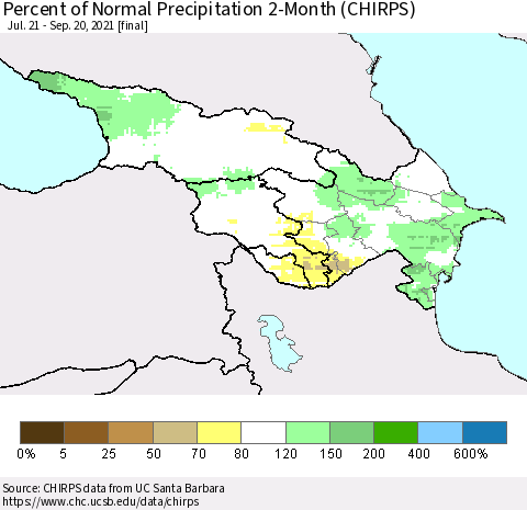 Azerbaijan, Armenia and Georgia Percent of Normal Precipitation 2-Month (CHIRPS) Thematic Map For 7/21/2021 - 9/20/2021