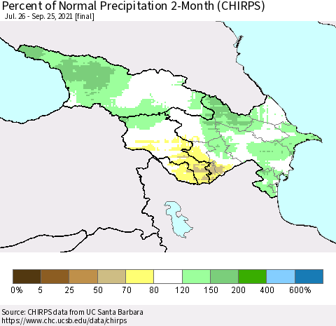 Azerbaijan, Armenia and Georgia Percent of Normal Precipitation 2-Month (CHIRPS) Thematic Map For 7/26/2021 - 9/25/2021