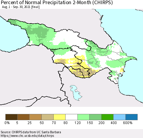 Azerbaijan, Armenia and Georgia Percent of Normal Precipitation 2-Month (CHIRPS) Thematic Map For 8/1/2021 - 9/30/2021