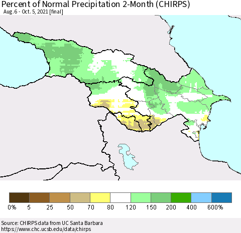 Azerbaijan, Armenia and Georgia Percent of Normal Precipitation 2-Month (CHIRPS) Thematic Map For 8/6/2021 - 10/5/2021