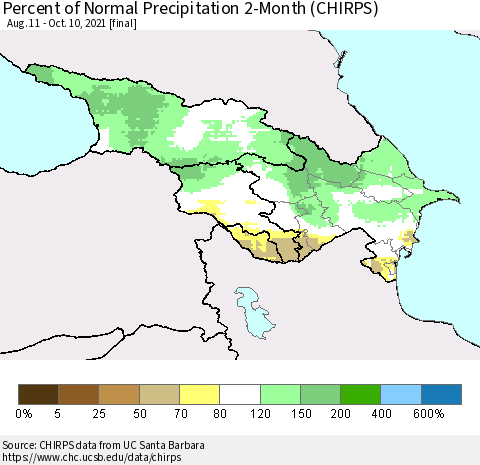 Azerbaijan, Armenia and Georgia Percent of Normal Precipitation 2-Month (CHIRPS) Thematic Map For 8/11/2021 - 10/10/2021
