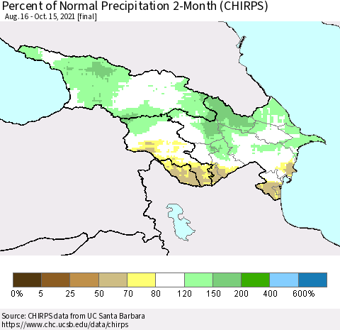 Azerbaijan, Armenia and Georgia Percent of Normal Precipitation 2-Month (CHIRPS) Thematic Map For 8/16/2021 - 10/15/2021
