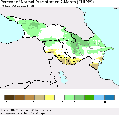 Azerbaijan, Armenia and Georgia Percent of Normal Precipitation 2-Month (CHIRPS) Thematic Map For 8/21/2021 - 10/20/2021