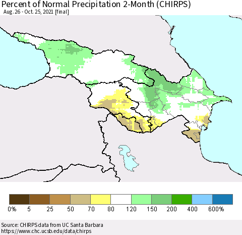 Azerbaijan, Armenia and Georgia Percent of Normal Precipitation 2-Month (CHIRPS) Thematic Map For 8/26/2021 - 10/25/2021