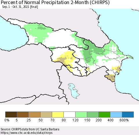 Azerbaijan, Armenia and Georgia Percent of Normal Precipitation 2-Month (CHIRPS) Thematic Map For 9/1/2021 - 10/31/2021