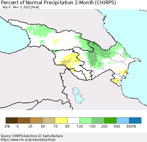 Azerbaijan, Armenia and Georgia Percent of Normal Precipitation 2-Month (CHIRPS) Thematic Map For 9/6/2021 - 11/5/2021