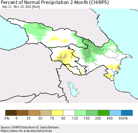 Azerbaijan, Armenia and Georgia Percent of Normal Precipitation 2-Month (CHIRPS) Thematic Map For 9/11/2021 - 11/10/2021