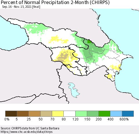 Azerbaijan, Armenia and Georgia Percent of Normal Precipitation 2-Month (CHIRPS) Thematic Map For 9/16/2021 - 11/15/2021