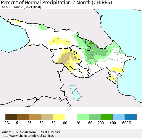 Azerbaijan, Armenia and Georgia Percent of Normal Precipitation 2-Month (CHIRPS) Thematic Map For 9/21/2021 - 11/20/2021