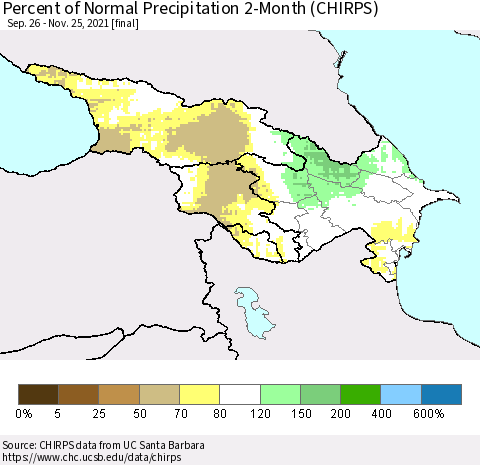 Azerbaijan, Armenia and Georgia Percent of Normal Precipitation 2-Month (CHIRPS) Thematic Map For 9/26/2021 - 11/25/2021