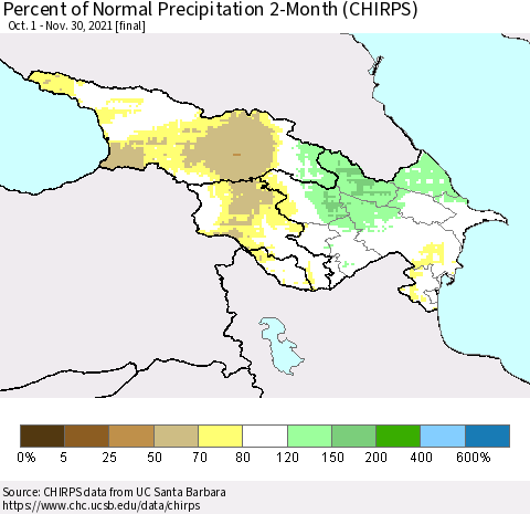 Azerbaijan, Armenia and Georgia Percent of Normal Precipitation 2-Month (CHIRPS) Thematic Map For 10/1/2021 - 11/30/2021