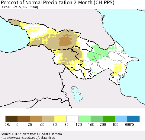 Azerbaijan, Armenia and Georgia Percent of Normal Precipitation 2-Month (CHIRPS) Thematic Map For 10/6/2021 - 12/5/2021