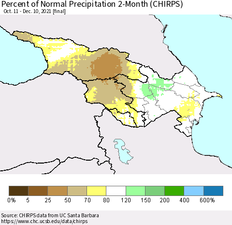 Azerbaijan, Armenia and Georgia Percent of Normal Precipitation 2-Month (CHIRPS) Thematic Map For 10/11/2021 - 12/10/2021