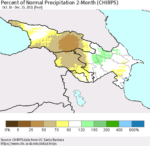 Azerbaijan, Armenia and Georgia Percent of Normal Precipitation 2-Month (CHIRPS) Thematic Map For 10/16/2021 - 12/15/2021