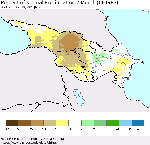 Azerbaijan, Armenia and Georgia Percent of Normal Precipitation 2-Month (CHIRPS) Thematic Map For 10/21/2021 - 12/20/2021