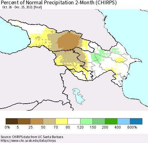 Azerbaijan, Armenia and Georgia Percent of Normal Precipitation 2-Month (CHIRPS) Thematic Map For 10/26/2021 - 12/25/2021