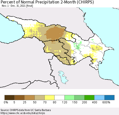 Azerbaijan, Armenia and Georgia Percent of Normal Precipitation 2-Month (CHIRPS) Thematic Map For 11/1/2021 - 12/31/2021