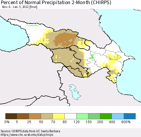 Azerbaijan, Armenia and Georgia Percent of Normal Precipitation 2-Month (CHIRPS) Thematic Map For 11/6/2021 - 1/5/2022