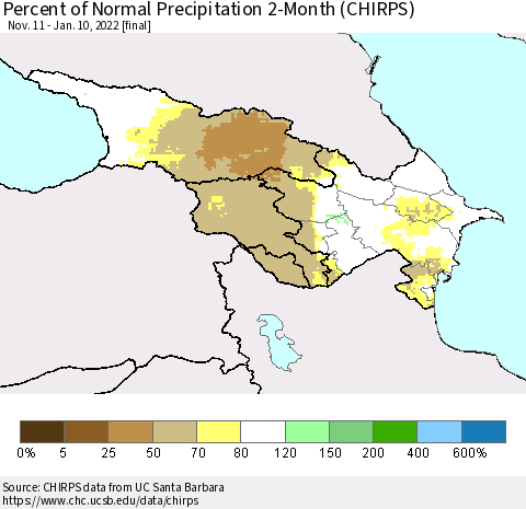 Azerbaijan, Armenia and Georgia Percent of Normal Precipitation 2-Month (CHIRPS) Thematic Map For 11/11/2021 - 1/10/2022