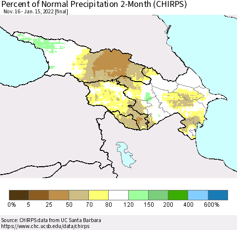 Azerbaijan, Armenia and Georgia Percent of Normal Precipitation 2-Month (CHIRPS) Thematic Map For 11/16/2021 - 1/15/2022