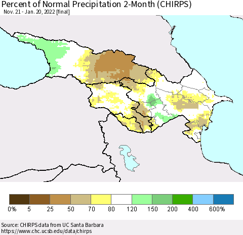 Azerbaijan, Armenia and Georgia Percent of Normal Precipitation 2-Month (CHIRPS) Thematic Map For 11/21/2021 - 1/20/2022