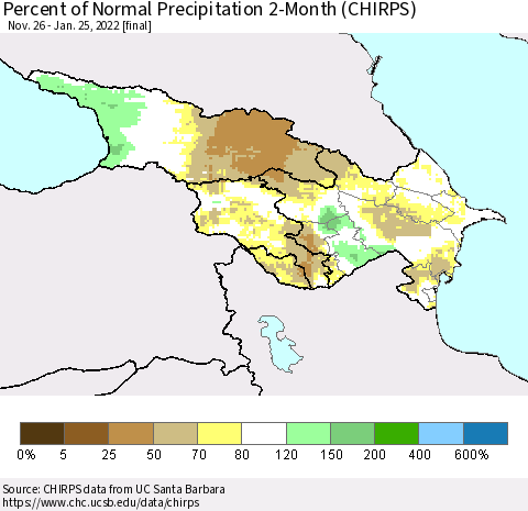 Azerbaijan, Armenia and Georgia Percent of Normal Precipitation 2-Month (CHIRPS) Thematic Map For 11/26/2021 - 1/25/2022