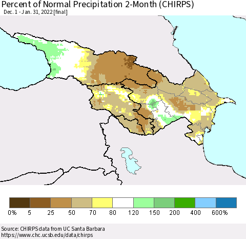 Azerbaijan, Armenia and Georgia Percent of Normal Precipitation 2-Month (CHIRPS) Thematic Map For 12/1/2021 - 1/31/2022