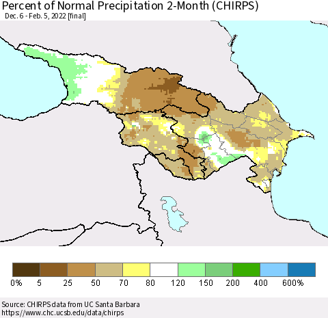 Azerbaijan, Armenia and Georgia Percent of Normal Precipitation 2-Month (CHIRPS) Thematic Map For 12/6/2021 - 2/5/2022