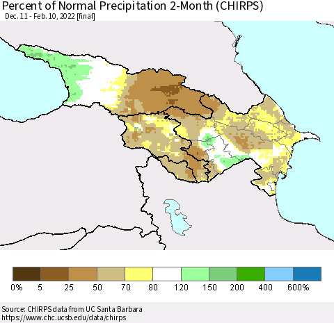 Azerbaijan, Armenia and Georgia Percent of Normal Precipitation 2-Month (CHIRPS) Thematic Map For 12/11/2021 - 2/10/2022