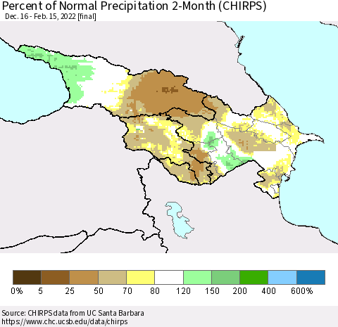 Azerbaijan, Armenia and Georgia Percent of Normal Precipitation 2-Month (CHIRPS) Thematic Map For 12/16/2021 - 2/15/2022