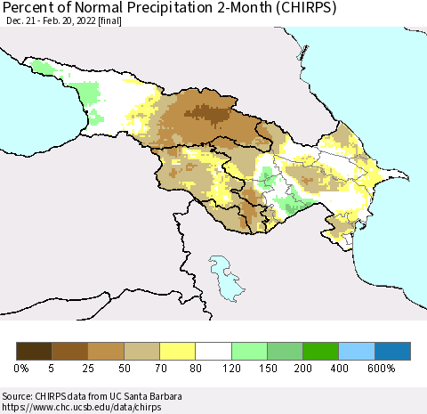 Azerbaijan, Armenia and Georgia Percent of Normal Precipitation 2-Month (CHIRPS) Thematic Map For 12/21/2021 - 2/20/2022