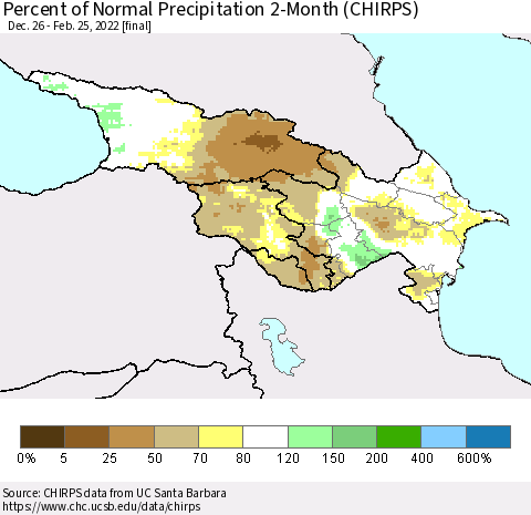 Azerbaijan, Armenia and Georgia Percent of Normal Precipitation 2-Month (CHIRPS) Thematic Map For 12/26/2021 - 2/25/2022