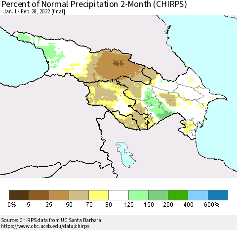 Azerbaijan, Armenia and Georgia Percent of Normal Precipitation 2-Month (CHIRPS) Thematic Map For 1/1/2022 - 2/28/2022