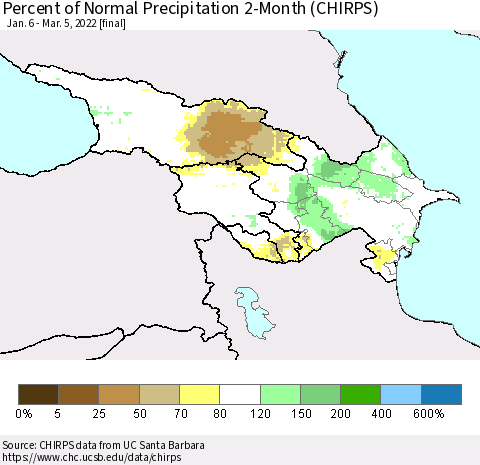 Azerbaijan, Armenia and Georgia Percent of Normal Precipitation 2-Month (CHIRPS) Thematic Map For 1/6/2022 - 3/5/2022