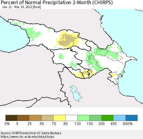 Azerbaijan, Armenia and Georgia Percent of Normal Precipitation 2-Month (CHIRPS) Thematic Map For 1/11/2022 - 3/10/2022