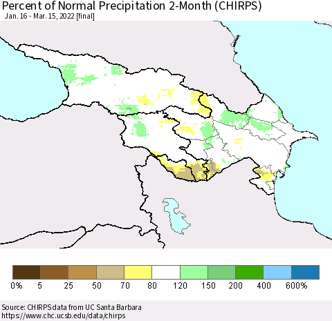 Azerbaijan, Armenia and Georgia Percent of Normal Precipitation 2-Month (CHIRPS) Thematic Map For 1/16/2022 - 3/15/2022