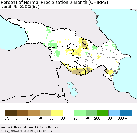 Azerbaijan, Armenia and Georgia Percent of Normal Precipitation 2-Month (CHIRPS) Thematic Map For 1/21/2022 - 3/20/2022
