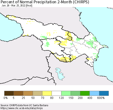 Azerbaijan, Armenia and Georgia Percent of Normal Precipitation 2-Month (CHIRPS) Thematic Map For 1/26/2022 - 3/25/2022