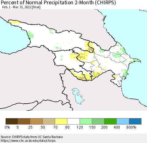 Azerbaijan, Armenia and Georgia Percent of Normal Precipitation 2-Month (CHIRPS) Thematic Map For 2/1/2022 - 3/31/2022