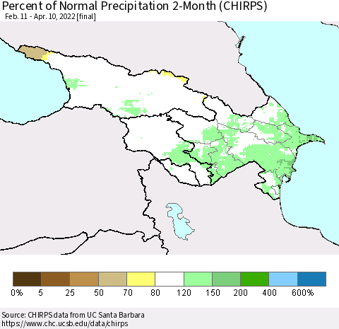 Azerbaijan, Armenia and Georgia Percent of Normal Precipitation 2-Month (CHIRPS) Thematic Map For 2/11/2022 - 4/10/2022