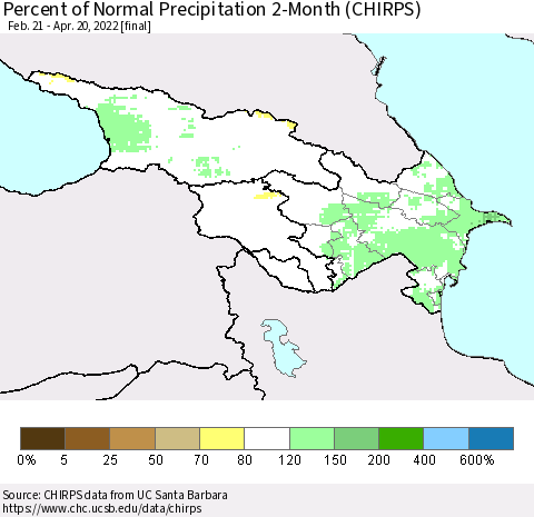 Azerbaijan, Armenia and Georgia Percent of Normal Precipitation 2-Month (CHIRPS) Thematic Map For 2/21/2022 - 4/20/2022