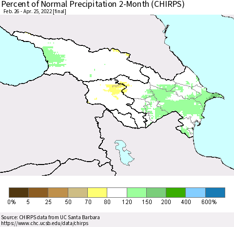 Azerbaijan, Armenia and Georgia Percent of Normal Precipitation 2-Month (CHIRPS) Thematic Map For 2/26/2022 - 4/25/2022