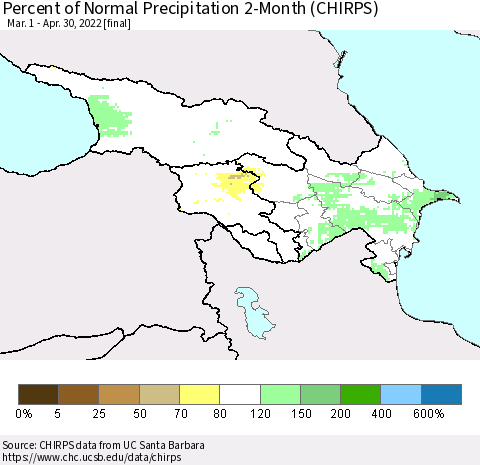 Azerbaijan, Armenia and Georgia Percent of Normal Precipitation 2-Month (CHIRPS) Thematic Map For 3/1/2022 - 4/30/2022